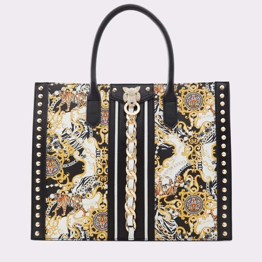 Aldo Abomab Tote Bag Black Gold Baroque Tiger Print Womens Large Jeweled Queen